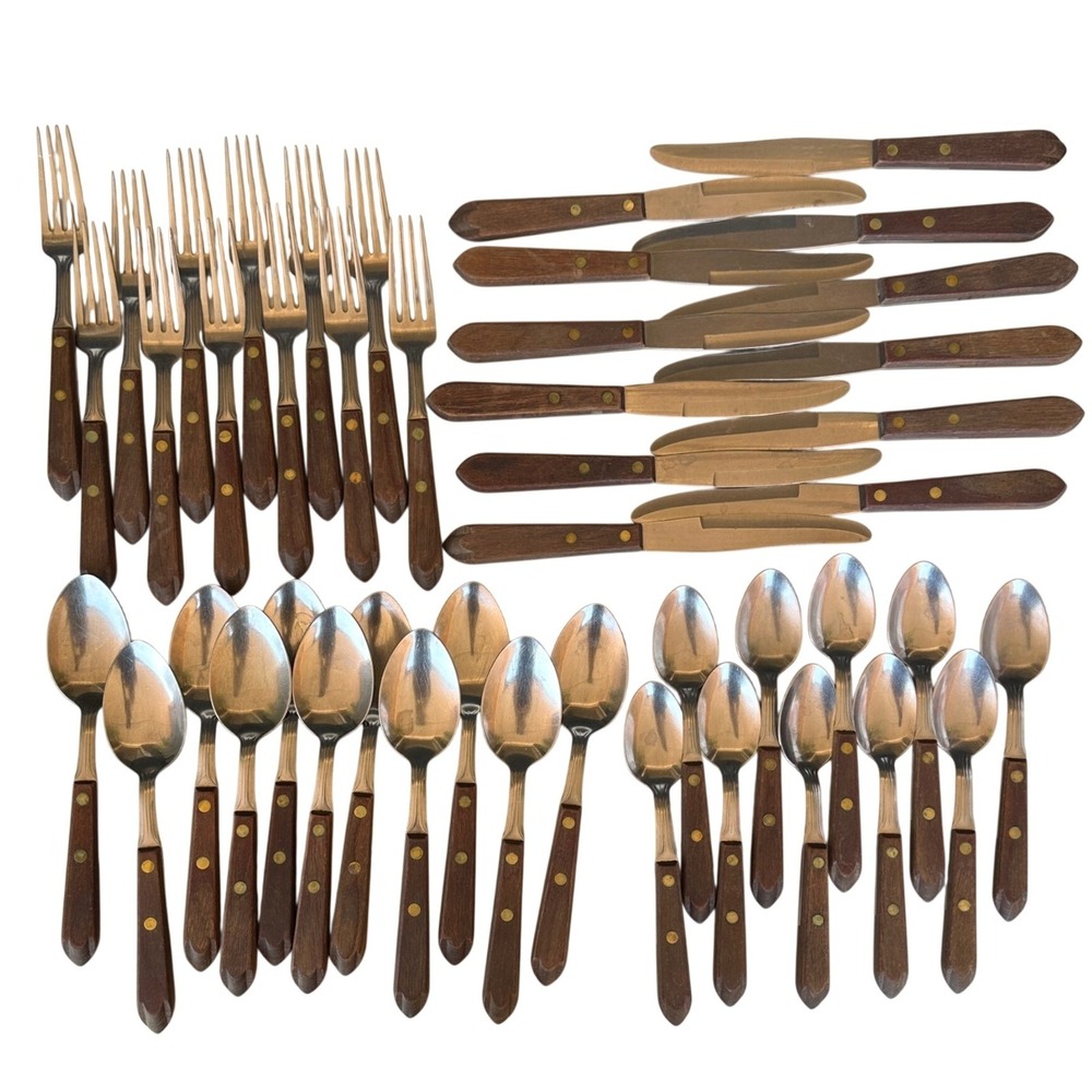 Vintage Town & Country Stainless Steel Wood Handle Flatware Set 45 Piece MCM